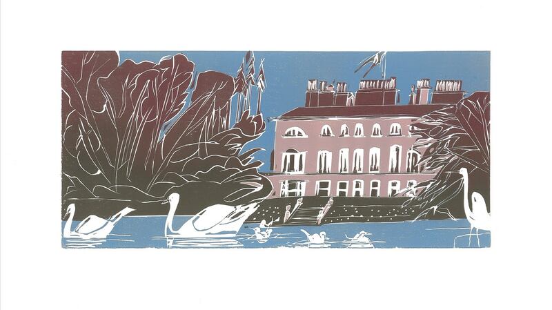 Lake Life linocut print by Sheelyn Browne