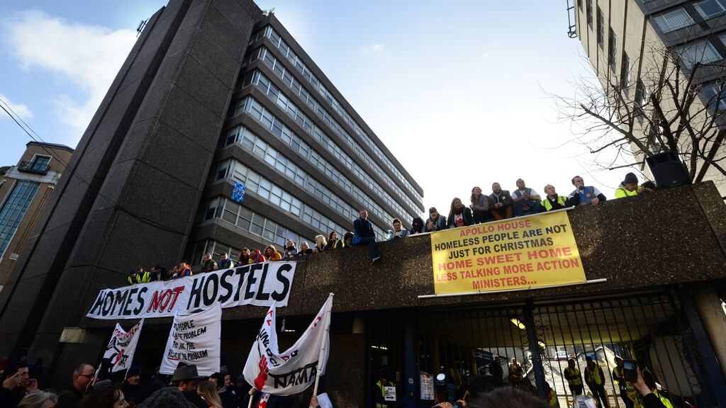Volunteers and supporters of the Home Sweet Home group gather at Apollo House, Dublin, on Wednesday, while the court hearing was taking place. Photograph: Dara Mac Dónaill