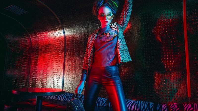 Leopard velvet blazer (€229), ribbed velvet top (€59.99), leather leggings (€369.99) all from Moda Mallow, Cork. Nica sequin rucksack (€79), O’Flynn’s Footwear, Mallow, CorkVintage sunglasses, stylist’s own.