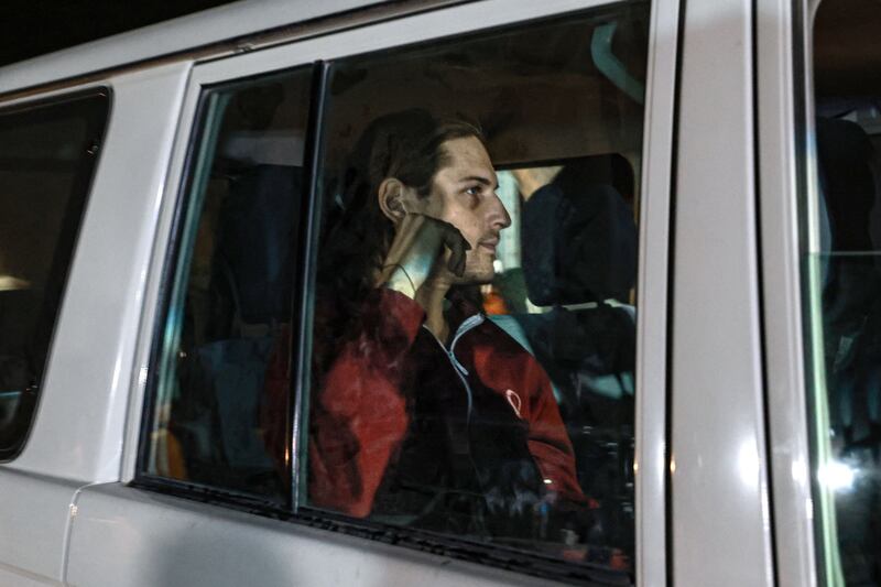 An International Red Cross vehicle carrying released Israeli-Russian hostage Roni Krivoi towards the Rafah border point with Egypt on Sunday. Photograph: Mohammed Abed/AFP via Getty Images
