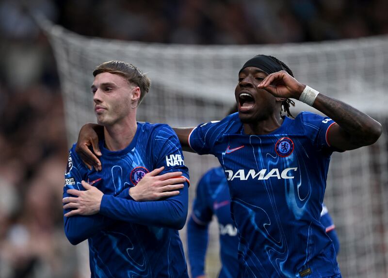 Cole Palmer does his 'Cold Palmer' celebration after scoring a goal for Chelsea against Liverpool in May. Photograph: Shaun Botterill/Getty Images