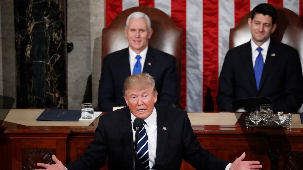 US president Donald Trump addresses a joint session of Congress on Capitol Hill in Washington, DC. Photograph: Pablo Martinez Monsivais/AP Photo