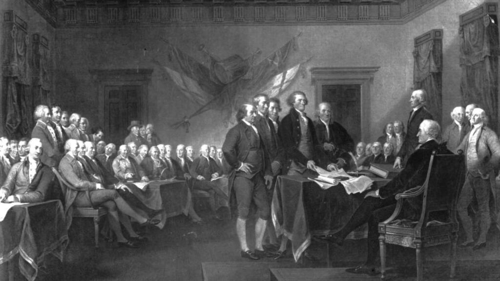‘Here in the US, during the 1976 bicentenary of the American revolution, there was much focus on the theme of “life, liberty and the pursuit of happiness” as it had evolved since the 18th century.’ Above, the American Declaration of Independence adopted in Philadelphia (with the future first President of the United States of America, George Washington present). Original Artwork: Engraving after a painting by John Trumbull. (Photo by Rischgitz/Getty Images)