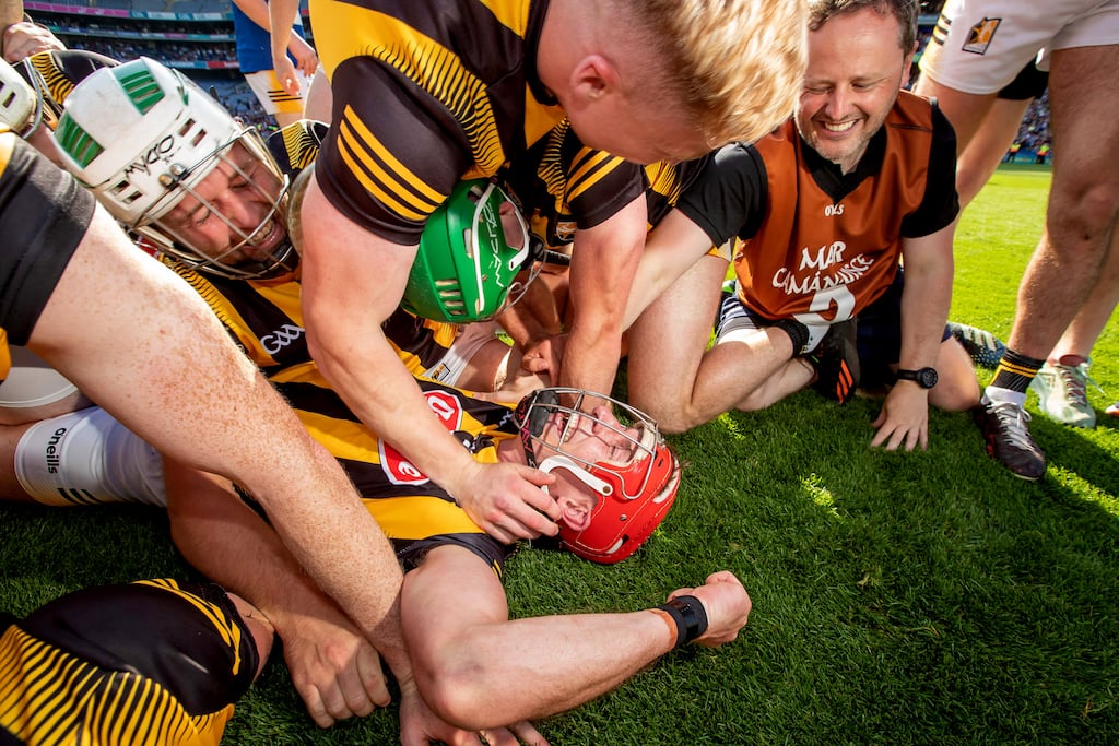 Kilkenny match-winning goal-scorer Cillian Buckley is mobbed by team-mates after the Leinster senior hurling championship final against Galway in Croke Park. Photograph: Morgan Treacy/Inpho