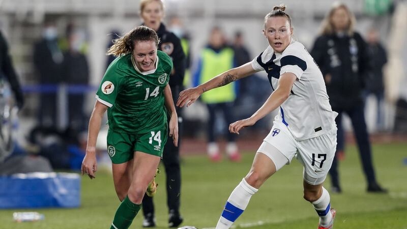 Heather Payne in action during the victory over Finland in the Women’s World Cup Group A qualifier at the Olympic Stadium in Helsinki. Photograph: Kalle Parkkinen/Inpho