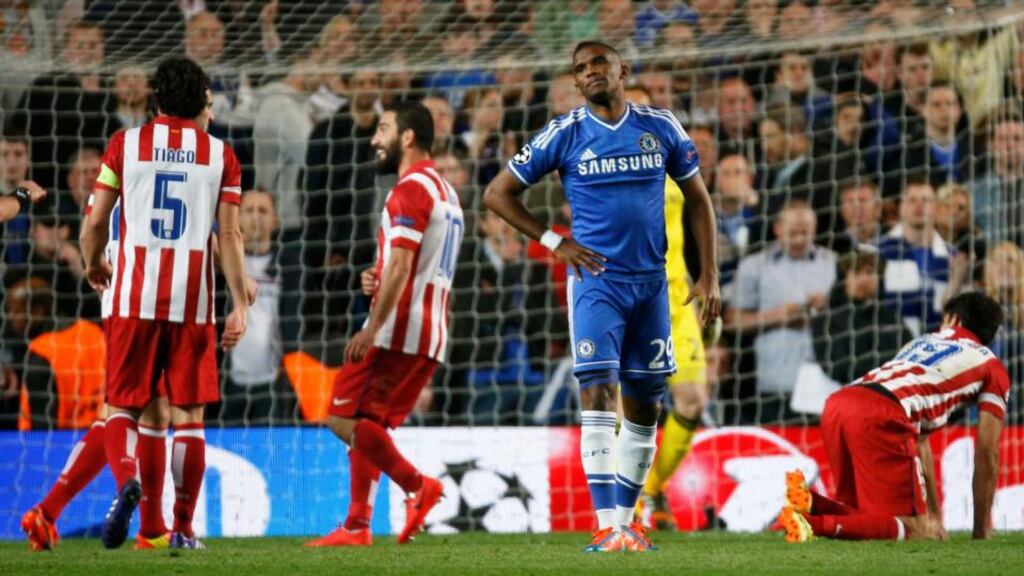 Chelsea’s Samuel Eto’o reacts after conceding a penalty to Atletico’s Diego Costa during their Champions League semi-final last month.
