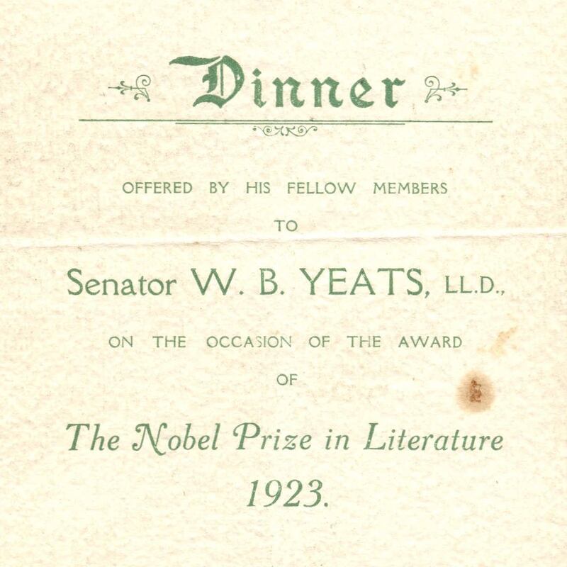 Nobel Prize in Literature: from the programme for the Dublin dinner to honour WB Yeats. Photograph: Courtesy Stephen’s Green Club