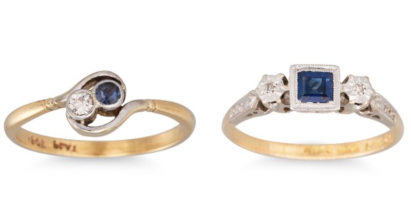 A pair of sapphire and diamond set rings in 18ct gold (€250-€350)