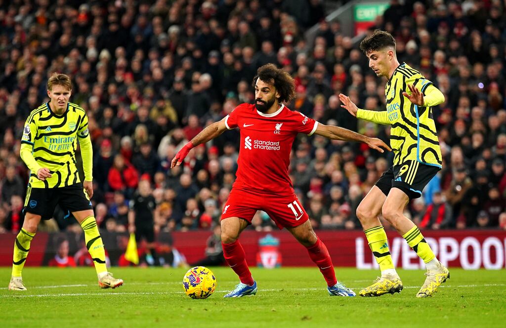 Liverpool's Mohamed Salah (centre) in action during the Premier League clash with Arsenal. Photograph: Peter Byrne/PA Wire