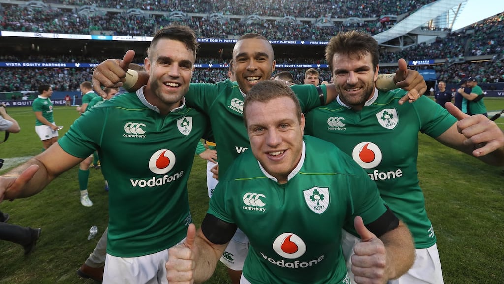 Ireland’s Conor Murray, Simon Zebo, Jared Payne and Sean Cronin celebrate after beating New Zealand at Soldier Field in Chicago. Photograph: Billy Stickland/Inpho
