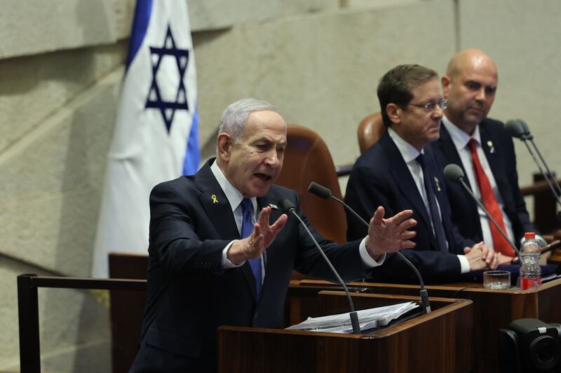 Binyamin Netanyahu speaks at the opening of the Knesset's winter session on Monday. Photograph: Abir Sultan/EPA