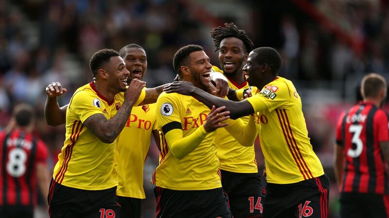 Watford’s Etienne Capoue celebrates scoring his side’s second goal. Photograph: Steven Paston/PA Wire.