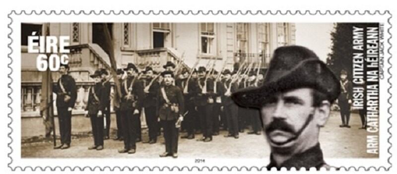 A stamp to commemorate the foundation of the Irish Citizen Army, with Capt Jack White, one of the army’s leaders, in the foreground.