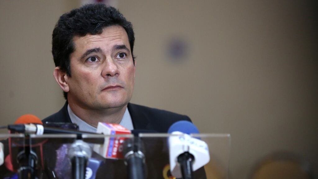 Brazil’s justice minister Sergio Moro at a news conference in Manaus on Monday: he said the messages did not represent any abnormality or show any direction by him of co-ordinating with prosecutors. Photograph: Bruno Kelly/Reuters