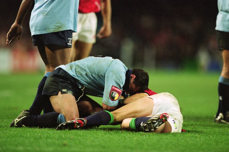 Waratahs' Duncan McRae and Ronan O'Gara of the British Lions clash during the tour match in Sydney in June 2001. Photograph: Adam Pretty/Allsport/Getty Images