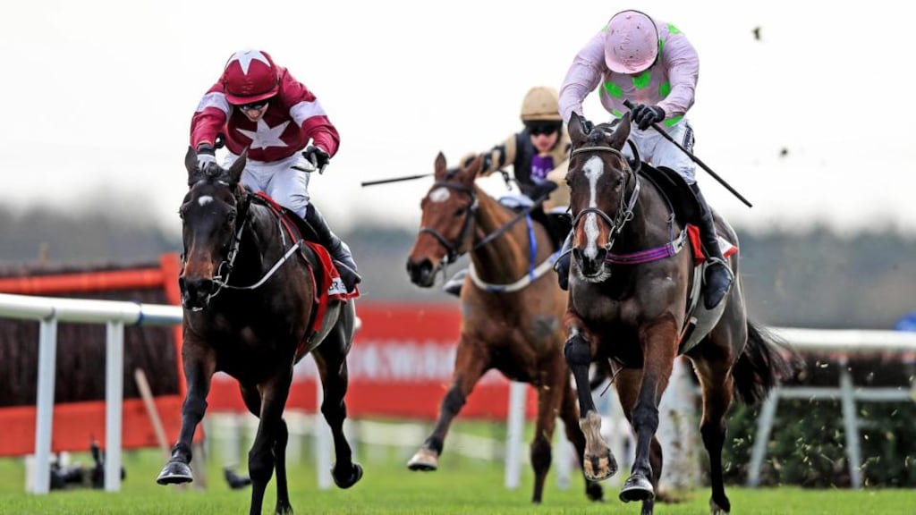 Apple’s Jade (left) ridden by Bryan Cooper leads home Vroum Vroum Mag ridden by Ruby Walsh in last year’s Bar One Hatton’s Grace Hurdle at Fairyhouse. Photograph: Donall Farmer/Inpho