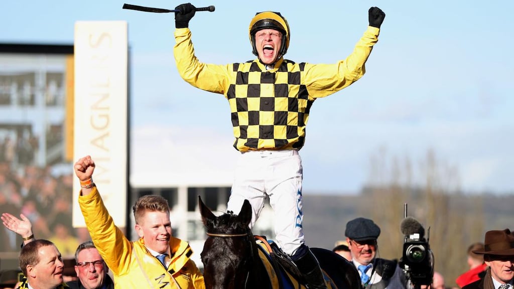 Paul Townend celebrates after riding Al Boum Photo to win the Magners Cheltenham Gold Cup. Photograph: : Simon Cooper/PA Wire