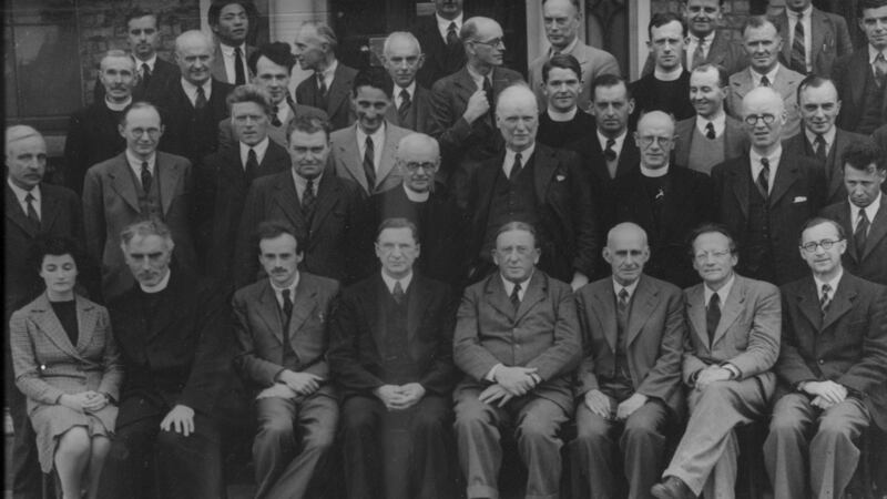 Éamon deValera at a meeting of the Dublin Institute of Advanced Studies in 1942. Seated at the front row (fourth from left) with physicist Arthur Conway (on his right) and Nobel Prize winner Erwin Schrödinger (second right). Sheila Power, later Tinney, who had just been awarded a PhD in mathematics is the only woman in the photo. Photograph: Courtesy of DIAS