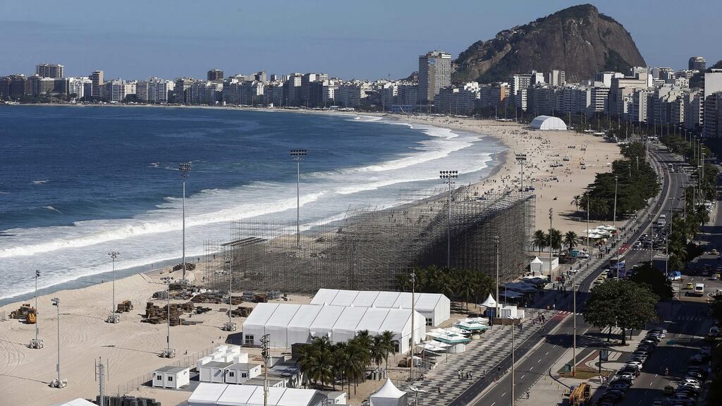 A picture dated June 13th, 2016 shows a general view over Copacabana beach with the Olympic beach volleyball complex in Rio de Janeiro, Brazil. On June 29th, mutilated body parts washed up on Copacabana beach, adjacent to the beach volleyball complex. Photograph: Marcelo Sayo/EPA
