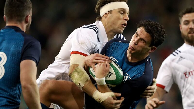 Ireland’s Joey Carbery is tackled by Blaine Scully of the USA during the autumn international against the USA at the Aviva stadium. Photograph: Bryan Keane/Inpho