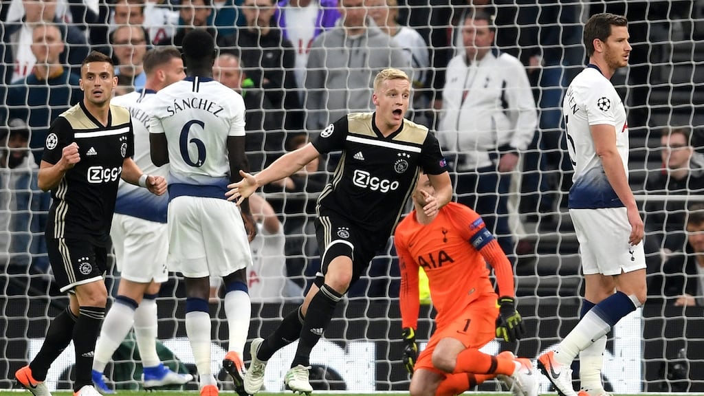 Donny van de Beek celebrates after scoring for Ajax against Spurs in the 2018-19 Champions League semi-finals. Photograph: Laurence Griffiths/Getty