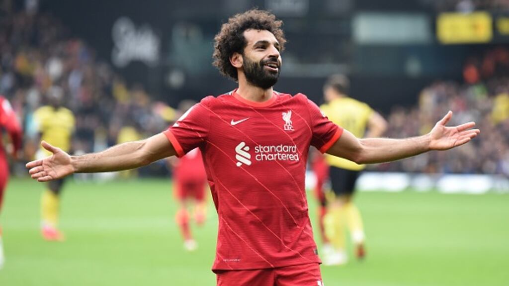 Mohamed Salah of Liverpool celebrates after scoring the fourth goal against Watford. Photograph: by John Powell/ Getty Images