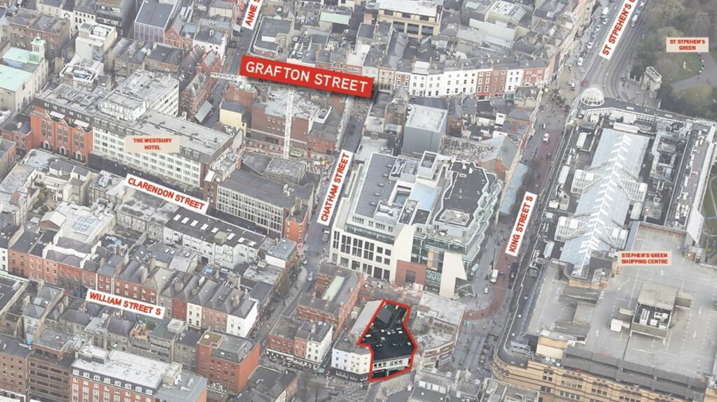 An aerial view of Textile House shows its close proximity to Grafton Steet in Dublin city centre