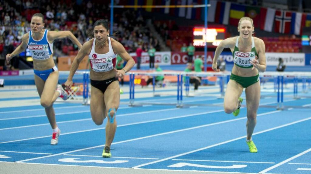 Derval O’Rourke (right) crosses the line in fourth, behind first-placed Nevin Yanit of Turkey and third-placed Veronica Borsi from Italy in the final of the Women’s 60m Hurdles at the European Indoor Championships in Gothenburg. Photograph: Morgan Treacy/Inpho