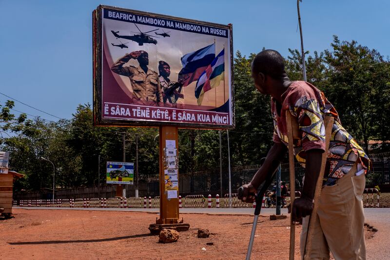 A sign proclaiming collaboration between Russia and the Central African military in Bangui, Central African Republic. Photograph: Ashley Gilbertson/New York Times