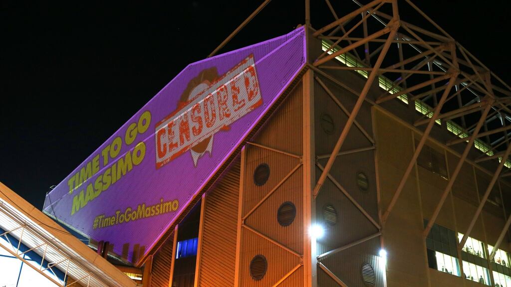 A protest against Massimo Cellino the chairman of Leeds United is projected against Elland Road prior to the Sky Bet Championship match against Middlesbrough at Elland Road. Photograph: Alex Livesey/Getty Images