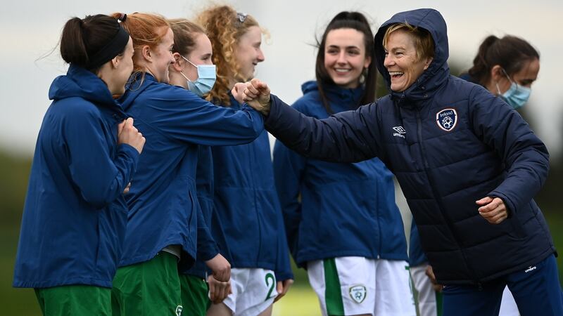 Ireland women’s manager Vera Pauw greets her players at the FAI National Training Centre in Abbotstown, Dublin in April. Photograph: Harry Murphy/Sportsfile