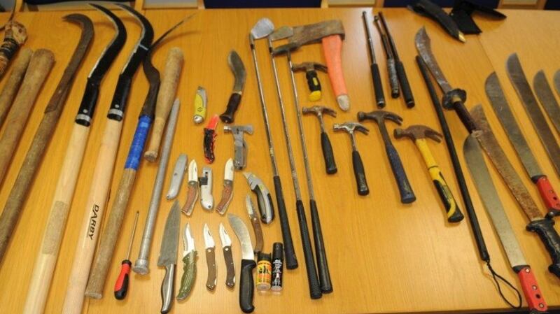 Slash hooks, machetes and knives which were recovered during a search of the St Anthony’s Park Halting Site in Hollyhill. Photograph: An Garda