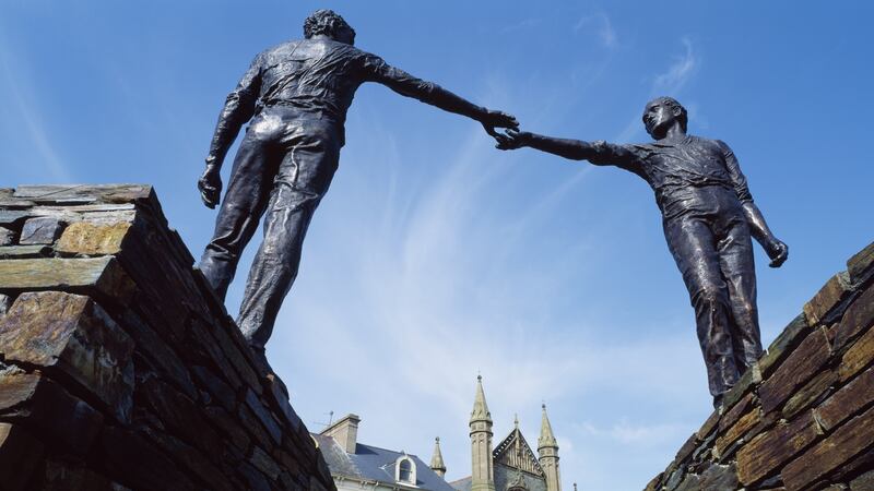 Hands Across the Divide sculpture in Derry: the involvement of unionists in a unity debate, while desirable, cannot be a precondition. Photograph: Getty