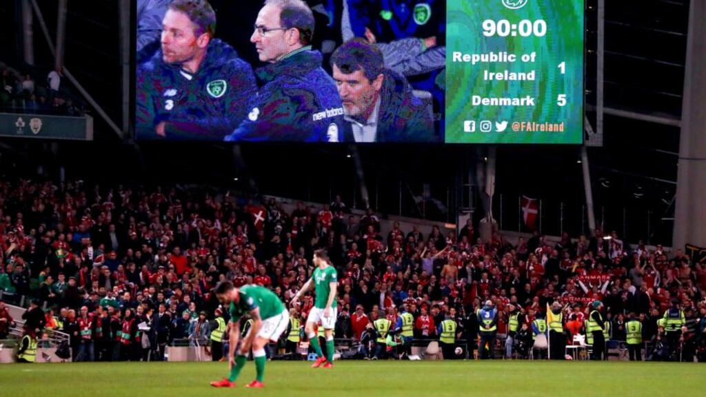 The Irish management team look on during the second leg of the Republic's playoff against Denmark. Photograph: James Crombie/Inpho