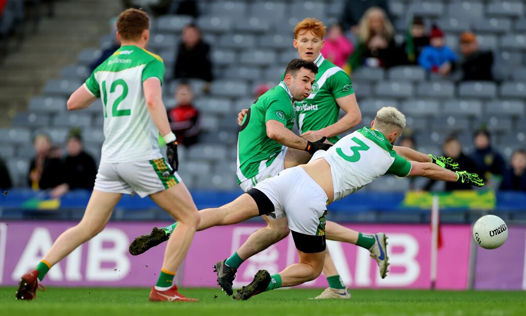 Moycullen’s Dessie Connolly and Ryan Dougan of Glen in action at Croke Park. Photograph: James Crombie/Inpho