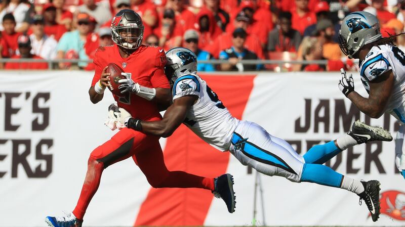 Efe Obada sacks Jameis Winston of the Tampa Bay Buccaneers. Photograph: Mike Ehrmann/Getty Images
