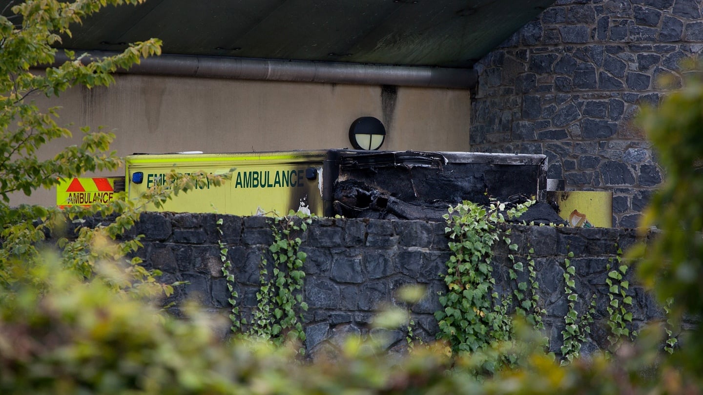 The damaged ambulance after the  fire outside Naas General Hospital’s emergency department. Photograph: Michael Donnelly