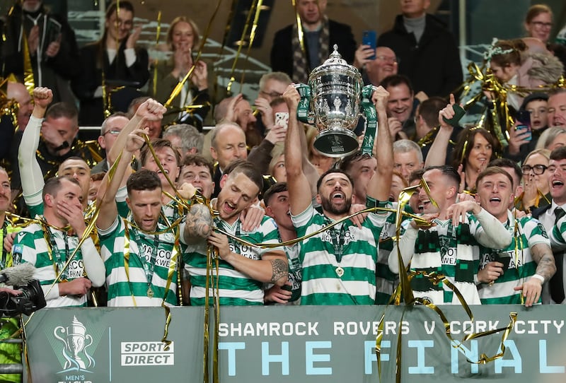 Shamrock Rovers' Roberto Lopes lift the FAI Cup alongside his team-mates. Photograph: Tom O'Hanlon/Inpho