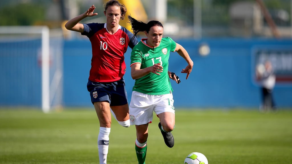 Áine O’Gorman in action for Ireland against Norway at Tallaght Stadium on her last international appearance in June 2018. Photograph: Ryan Byrne/Inpho