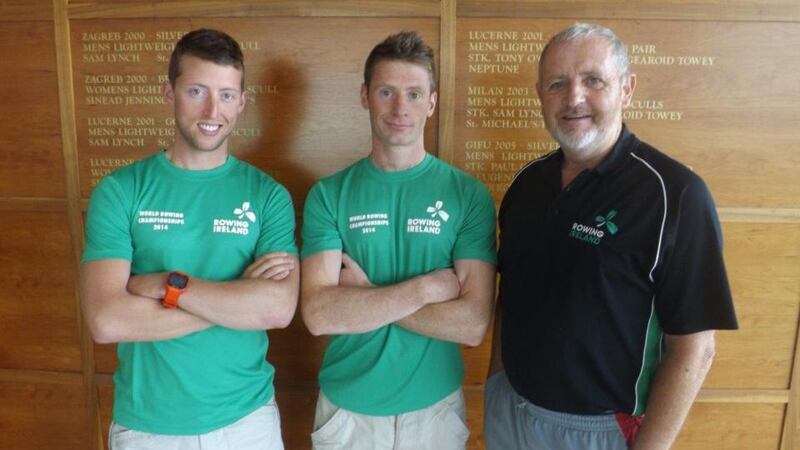 The Ireland men’s pair of Mark O’Donovan and Niall Kenny, who will be competing at the World Championships in Bosbaan, near Amsterdam, which start on Sunday, with coach John Holland.