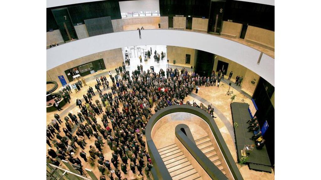 President Mary McAleese speaking at the official opening of the Criminal Courts of Justice on Parkgate Street, Dublin, on Saturday. Photograph: Dara Mac Dónaill