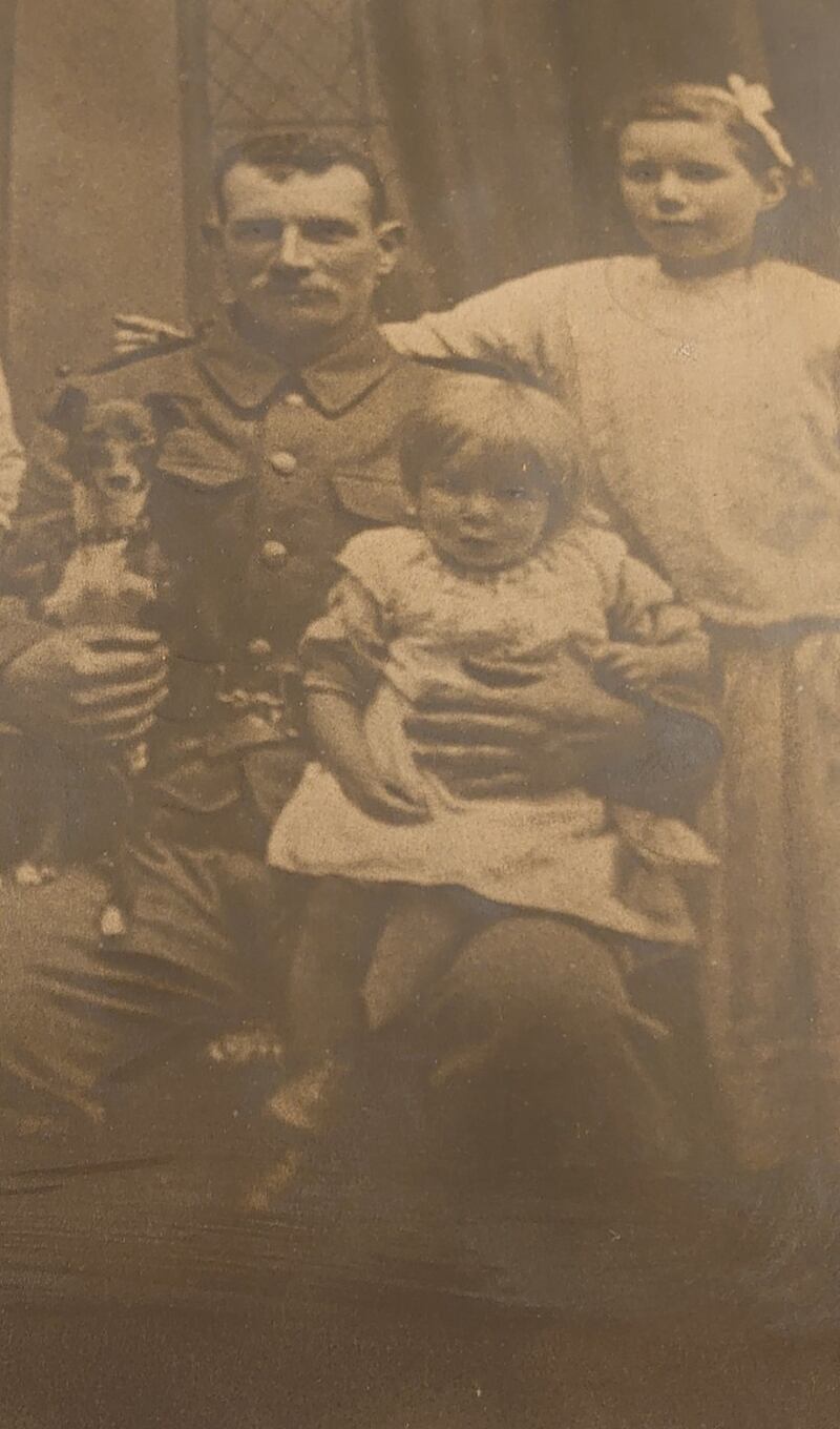 Gareth Mulvenna’s great grandfather, Rifleman James Downey, with his grandmother (right), before he went to war
