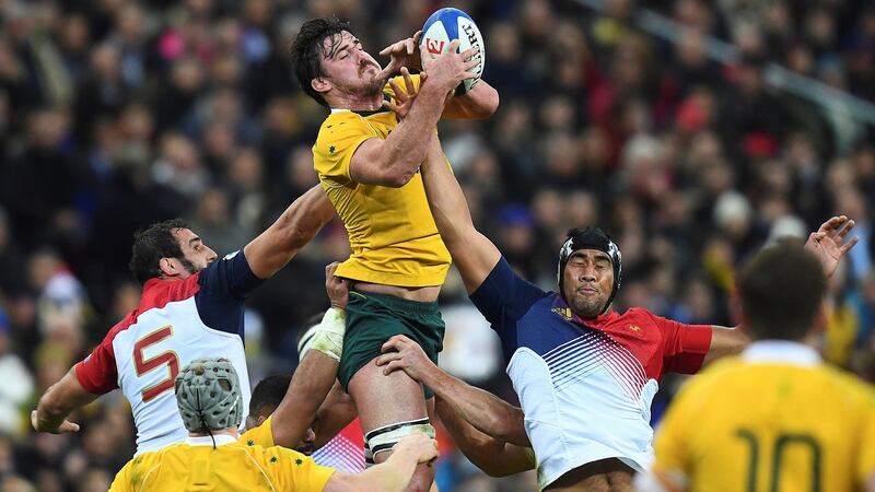Kane Douglas in action for Australia against France lock Yoann Maestri. Photograph: Franck Fife/AFP/Getty Images