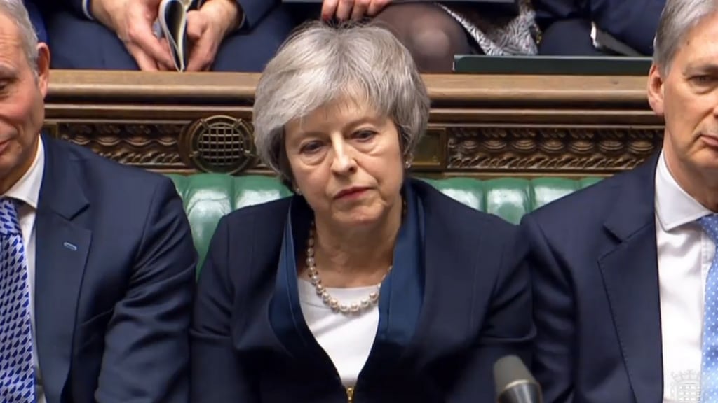 British prime minister Theresa May in the House of Commons on Tuesday. Under a future amendment MPs could attempt to make a no-deal Brexit illegal. Photograph: EPA/Parliamentary handout