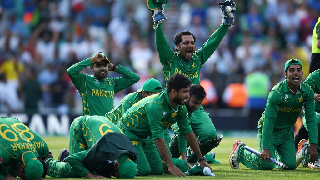 JUNE 18: Pakistan captain Sarfraz Ahmed celebrates after winning the ICC Champions Trophy final at the Oval. Photo by Gareth Copley/Getty Images