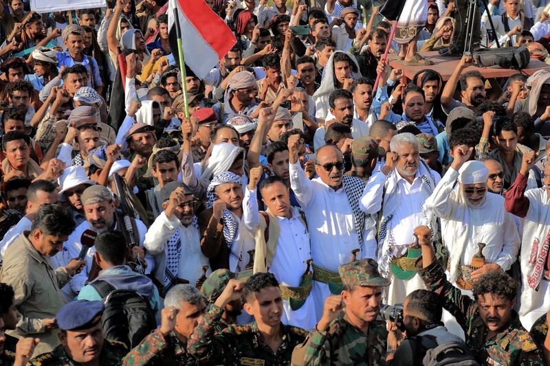 Protesters in the Yemeni Red Sea city of Hudeida condemn overnight strikes by US and British forces on Houthi targets. Photograph: AFP/Getty