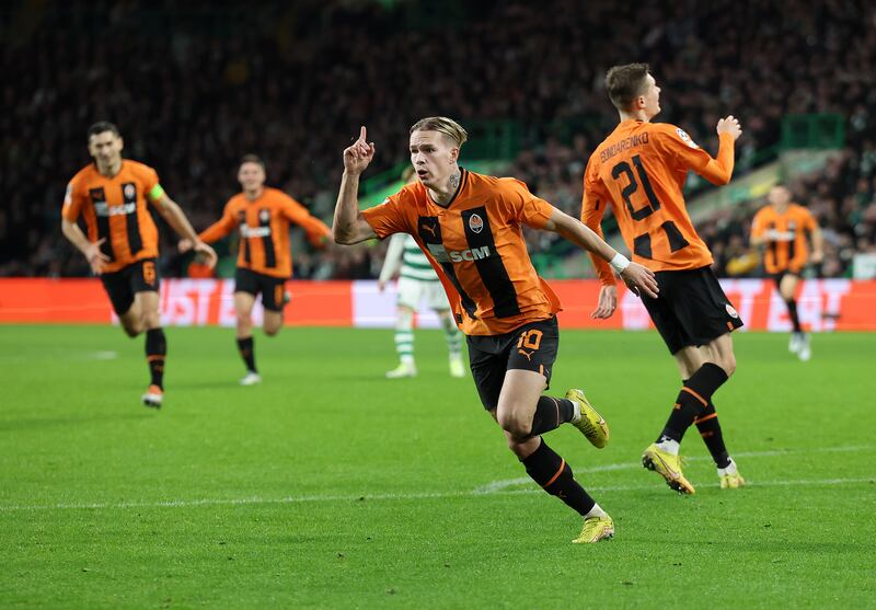 Mykhaylo Mudryk of Shakhtar Donetsk after scoring his side's opener during the Champions League match at Celtic Park last October. File photograph: Getty Images