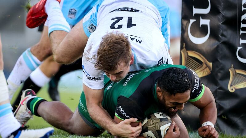 Connacht’s Bundee Aki gets over for a try during the Guinness Pro 14 game against the Glasgow Warriors at The Sportsground in Galway. Photograph: Billy Stickland/Inpho