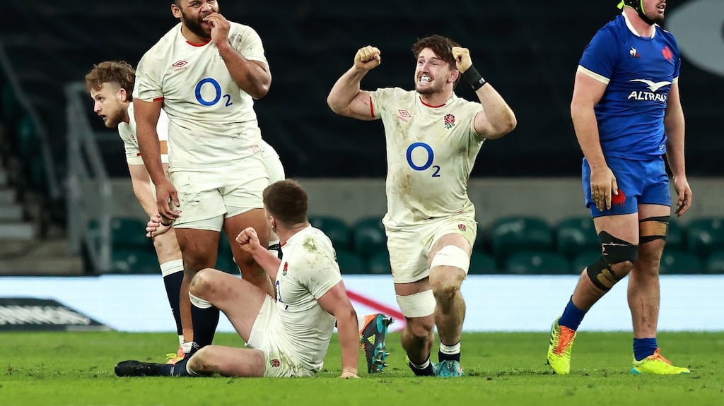 Billy Vunipola, Owen Farrell and Tom Curry celebrate England’s victory over France. Photograph: Getty Images