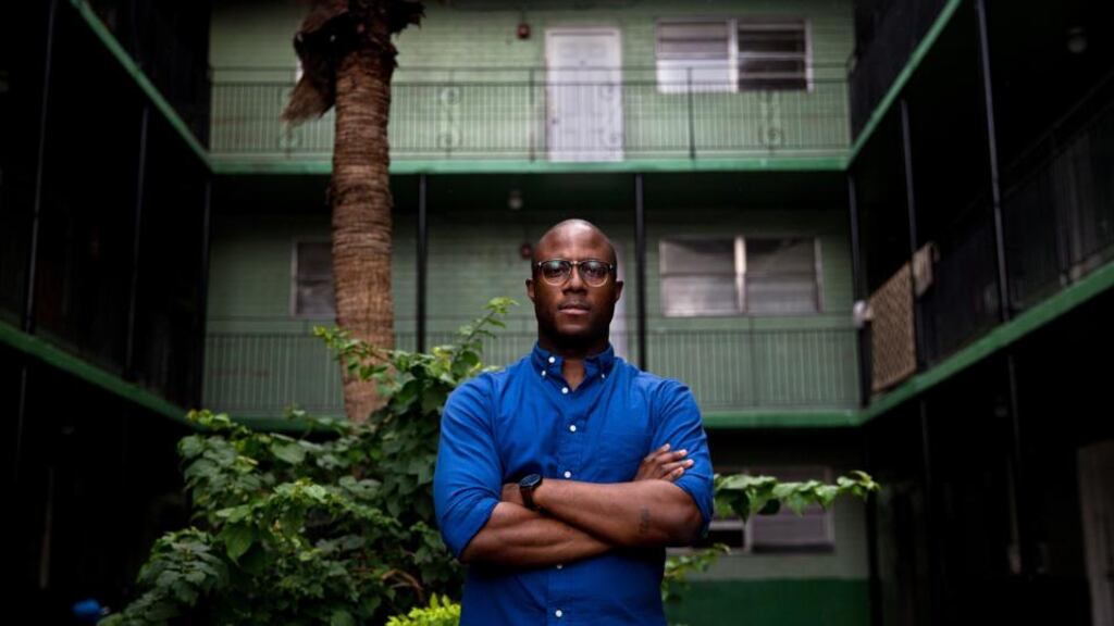 Moonlight director Barry Jenkins outside one of his childhood homes in the Liberty Square housing projects of Miami. Photograph: Scott McIntyre/The New York Times